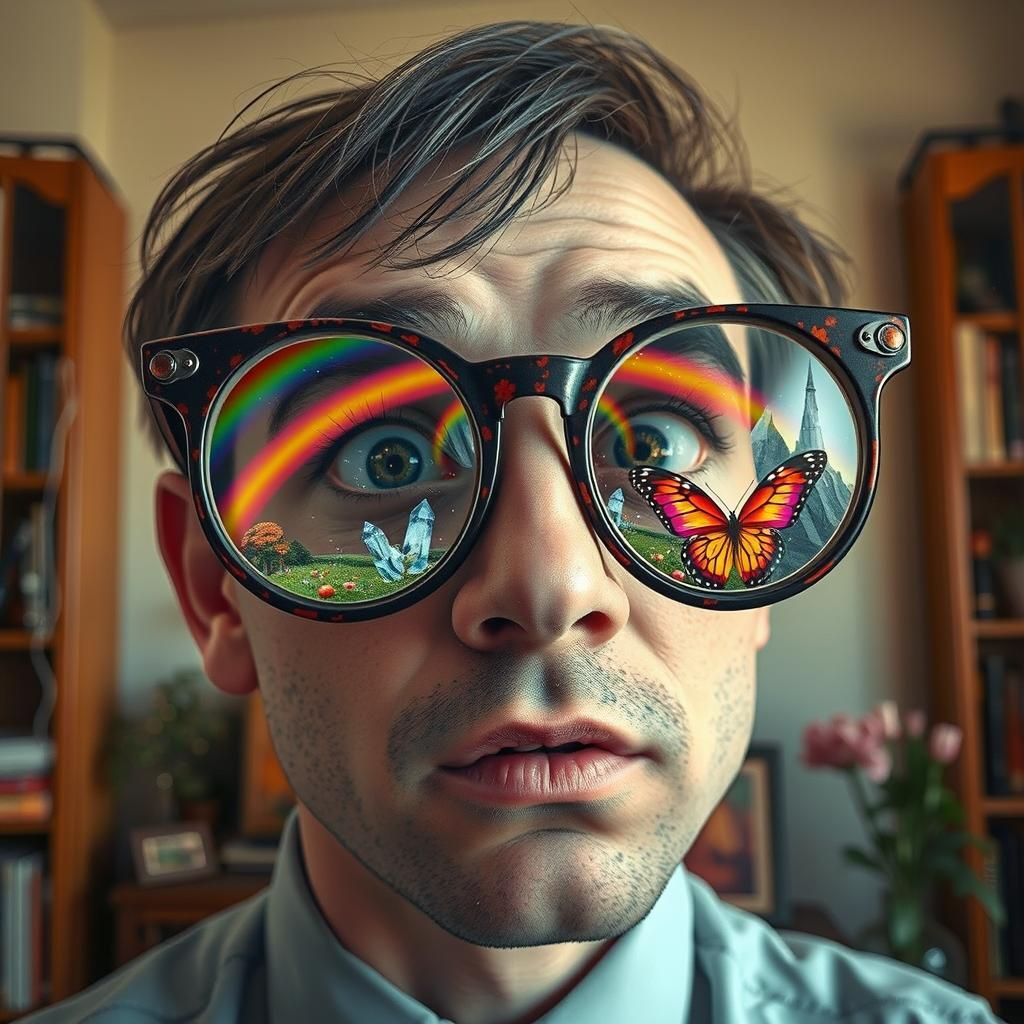 Glasses Reflecting a Surreal Dreamscape as Digital Art