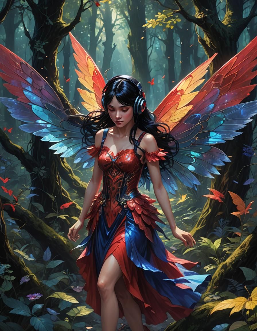 Black-Haired Fairy with Blue Wings in Mystical Forest