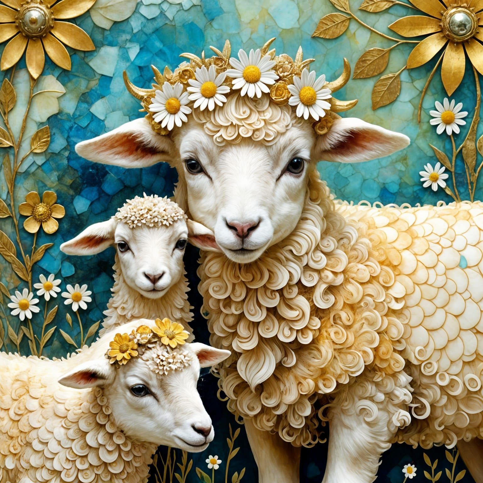 Sheep Mother and Her Delicate Lambs in Whimsical Floral Crow...