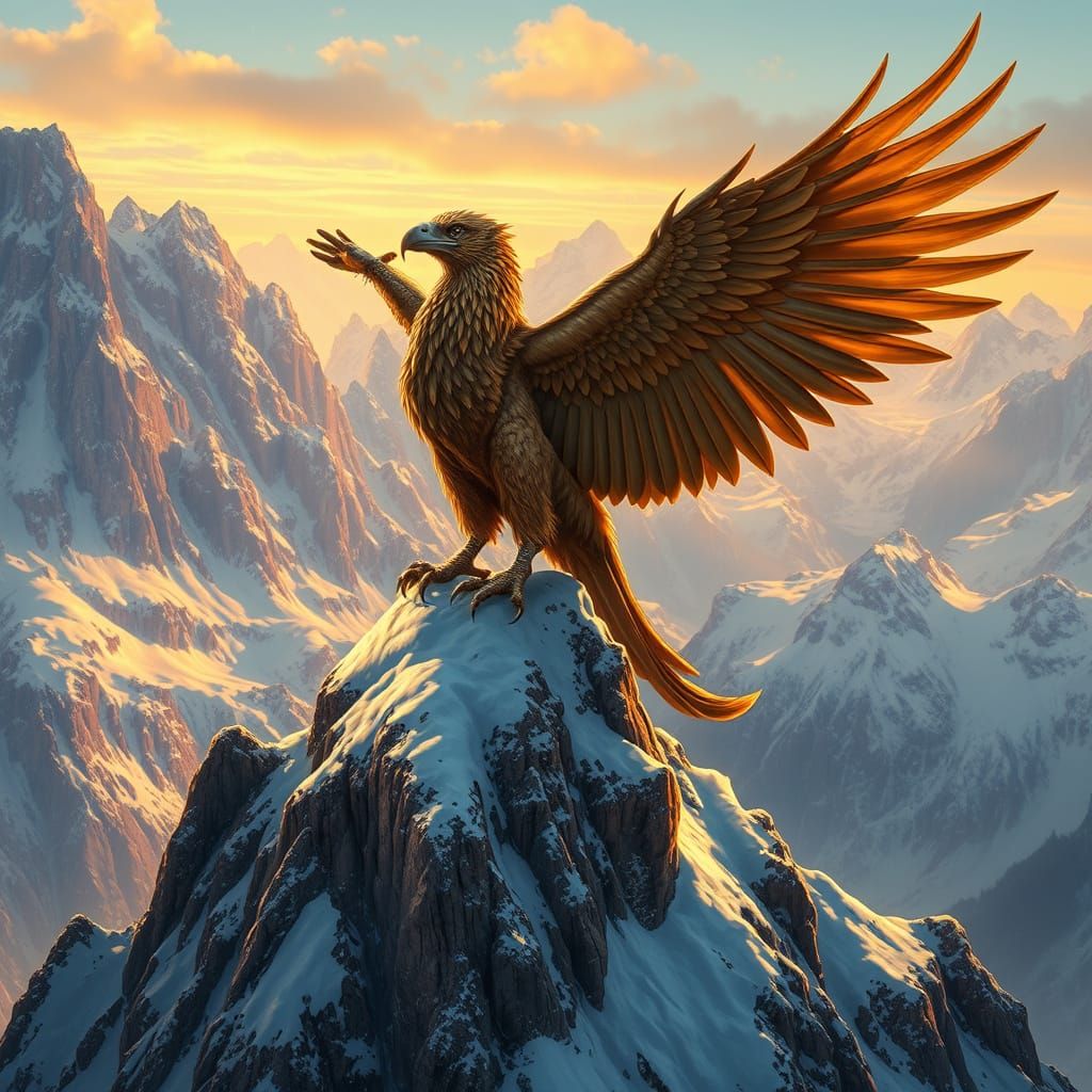 Griffin Perched Atop Snowy Mountain Peak at Sunset