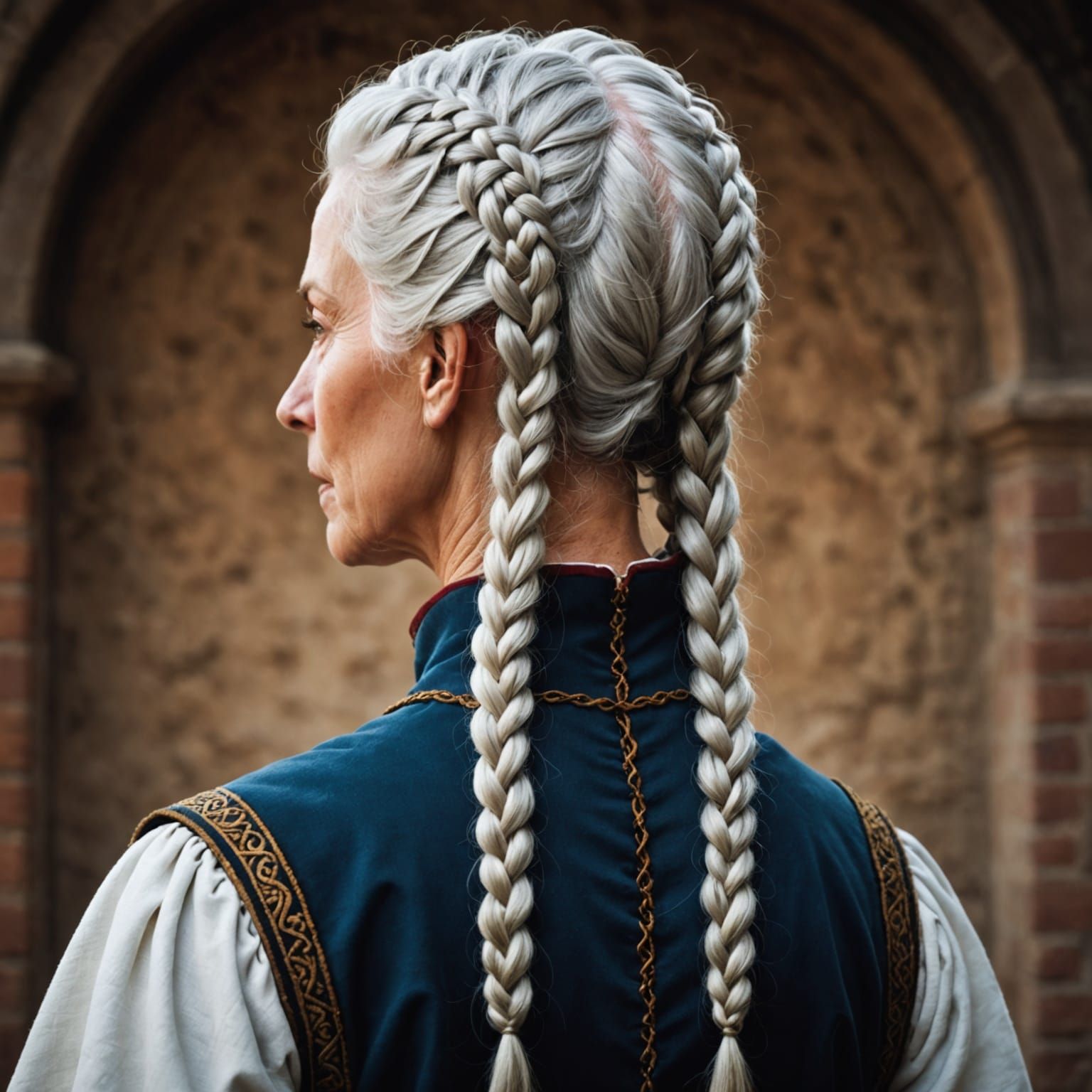 Medieval Woman with Intricate White Hair Braids