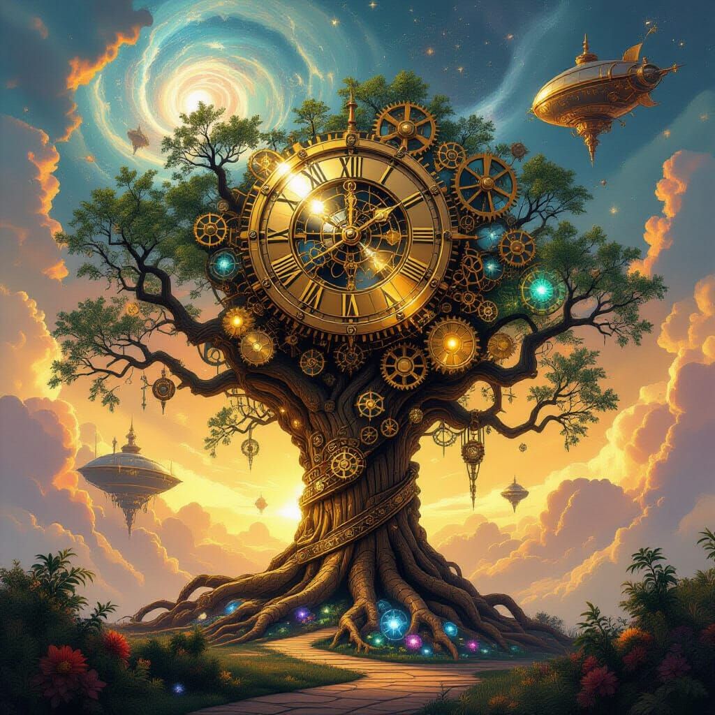 Ancient Clockwork Tree with Bioluminescent Roots and Airship...