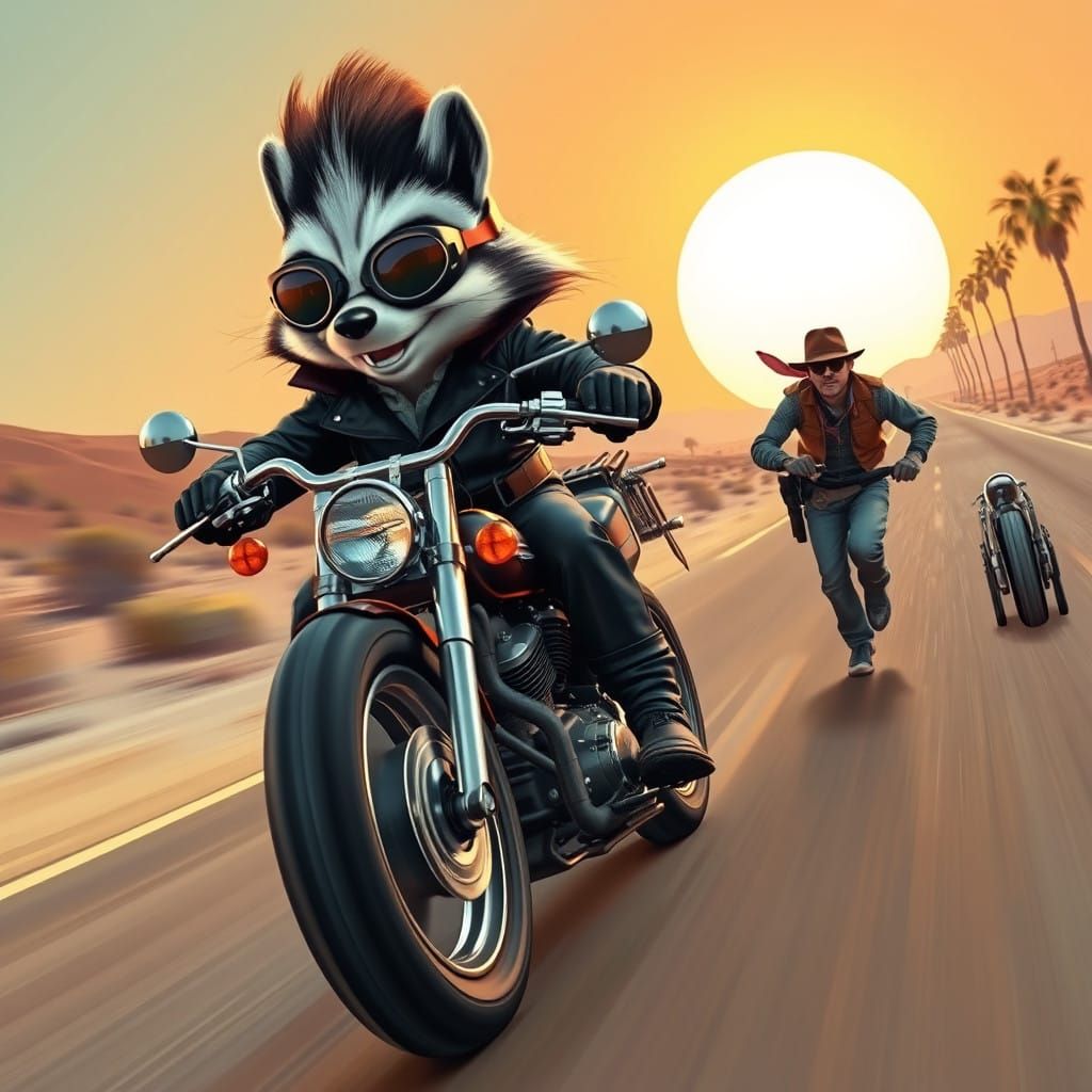 Stylized Post-Apocalyptic Skunk Chases Biker