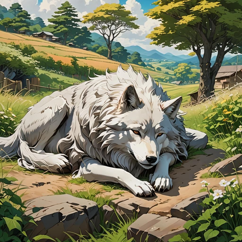 Serene Wolf in Anime Style Rural Landscape
