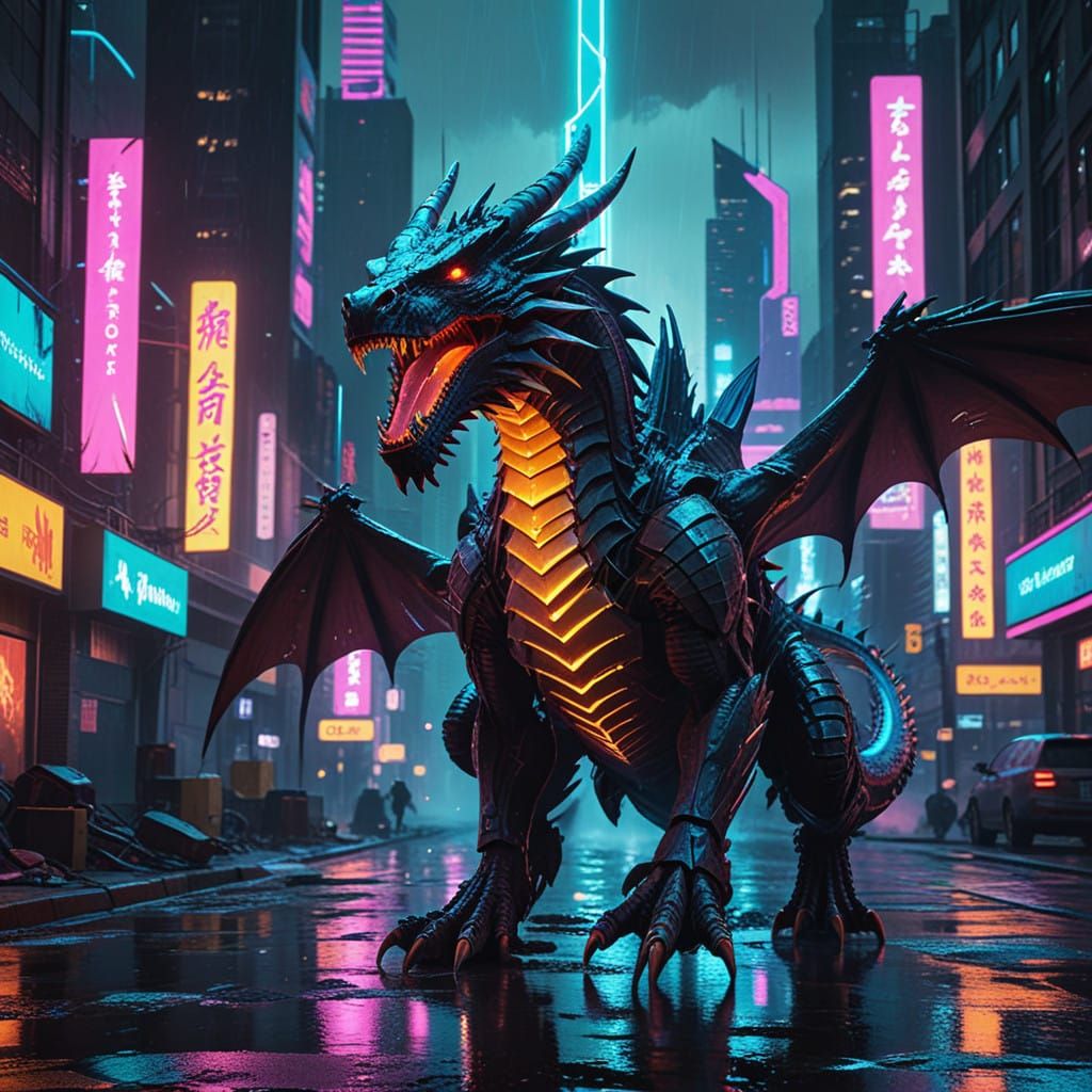 Cyberpunk Warrior Unleashes Electric Dragon Shout in Tokyo