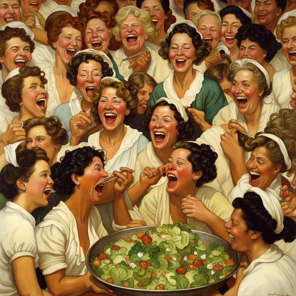 Women Laughing Over Salad, in Rockwell Style