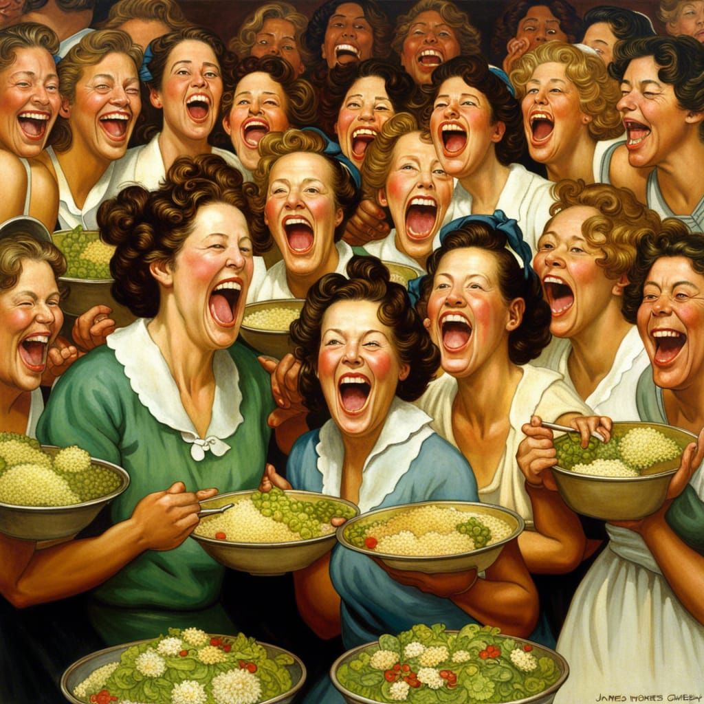 Women Laughing Eating Salad in Rockwell Style