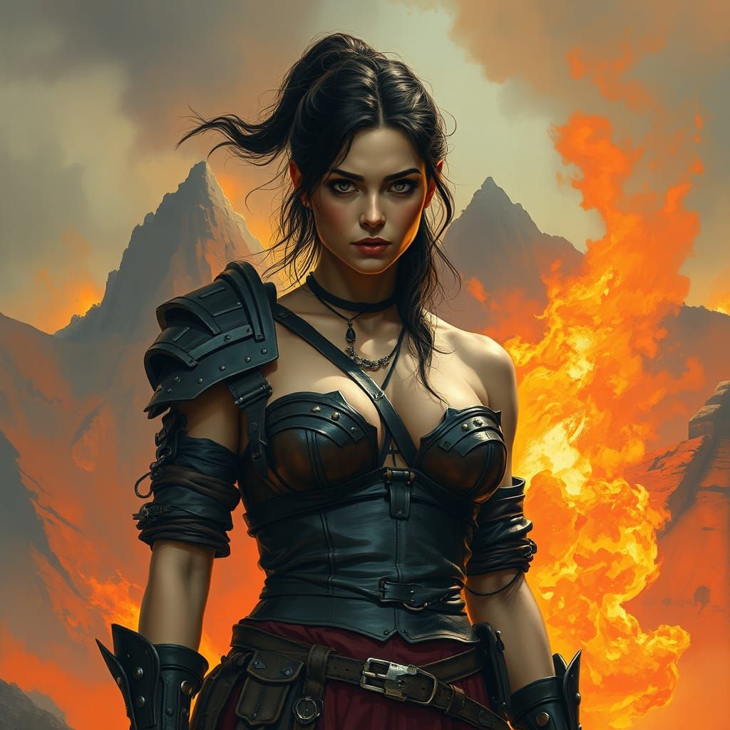 Fantasy Woman in Armor Before Fiery Mountains