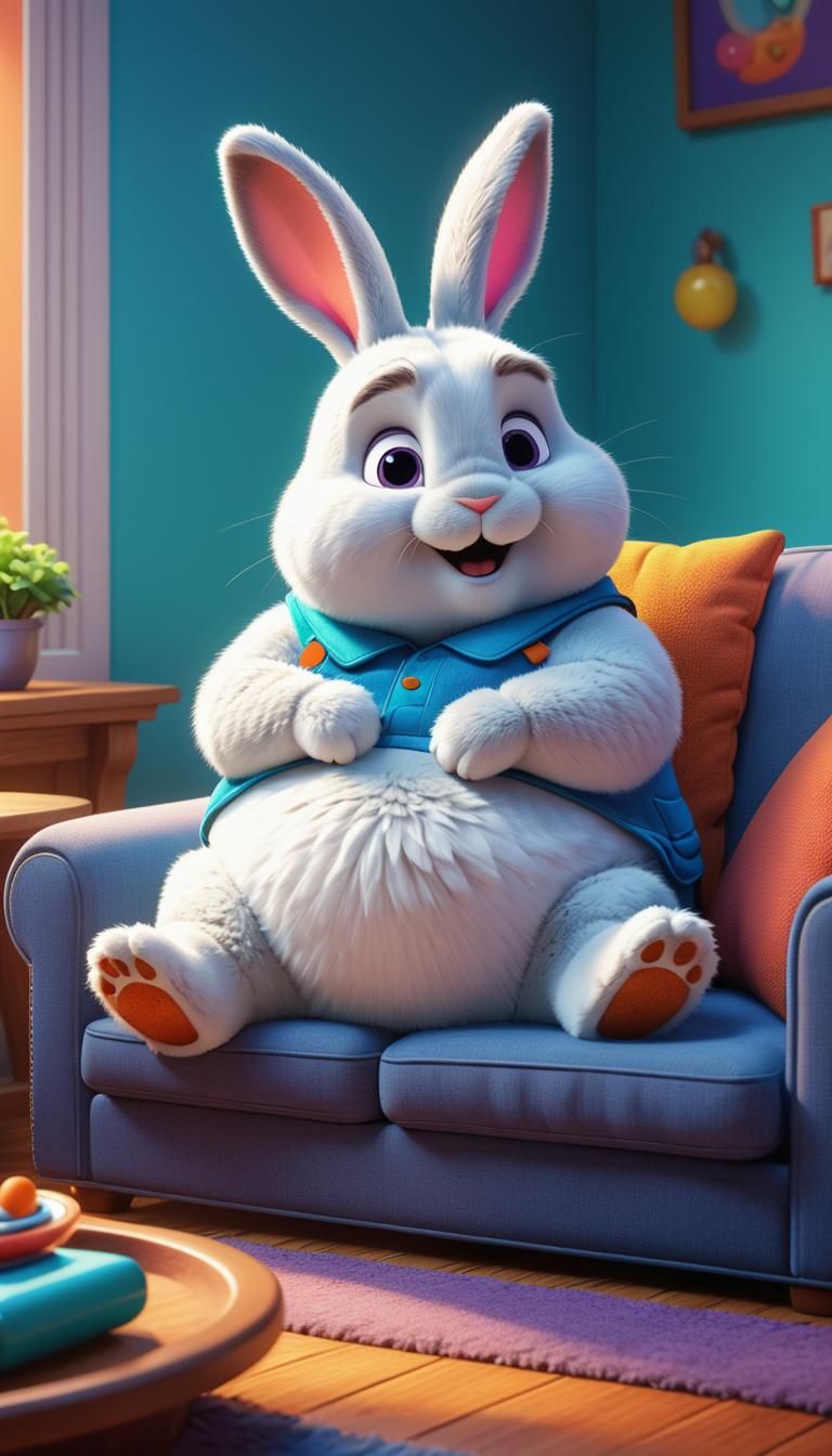 Fluffy Bunny on Couch: 3D Digital Art