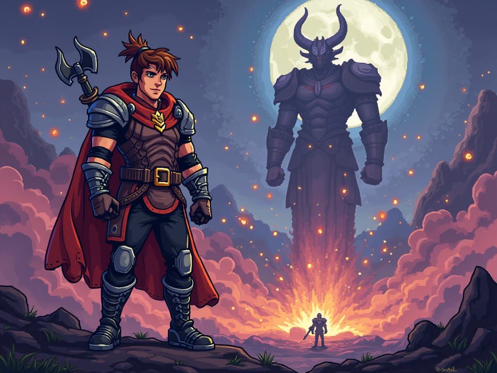 Heroic Terraria Warrior Confronts Moonlord in Pixel Art Epic