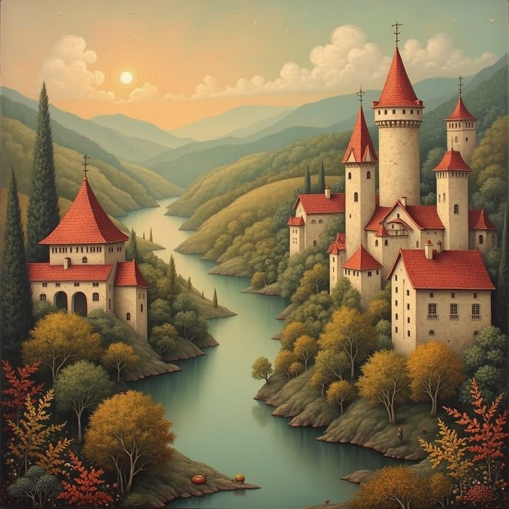 Misty Village in Gustav Klimt Style with Art Deco