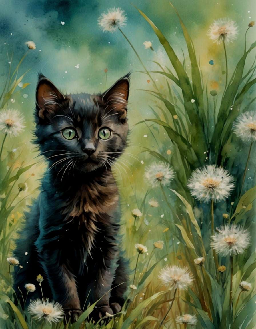 Black Kitten's Dreamy Watercolor Adventure in Tall Grass