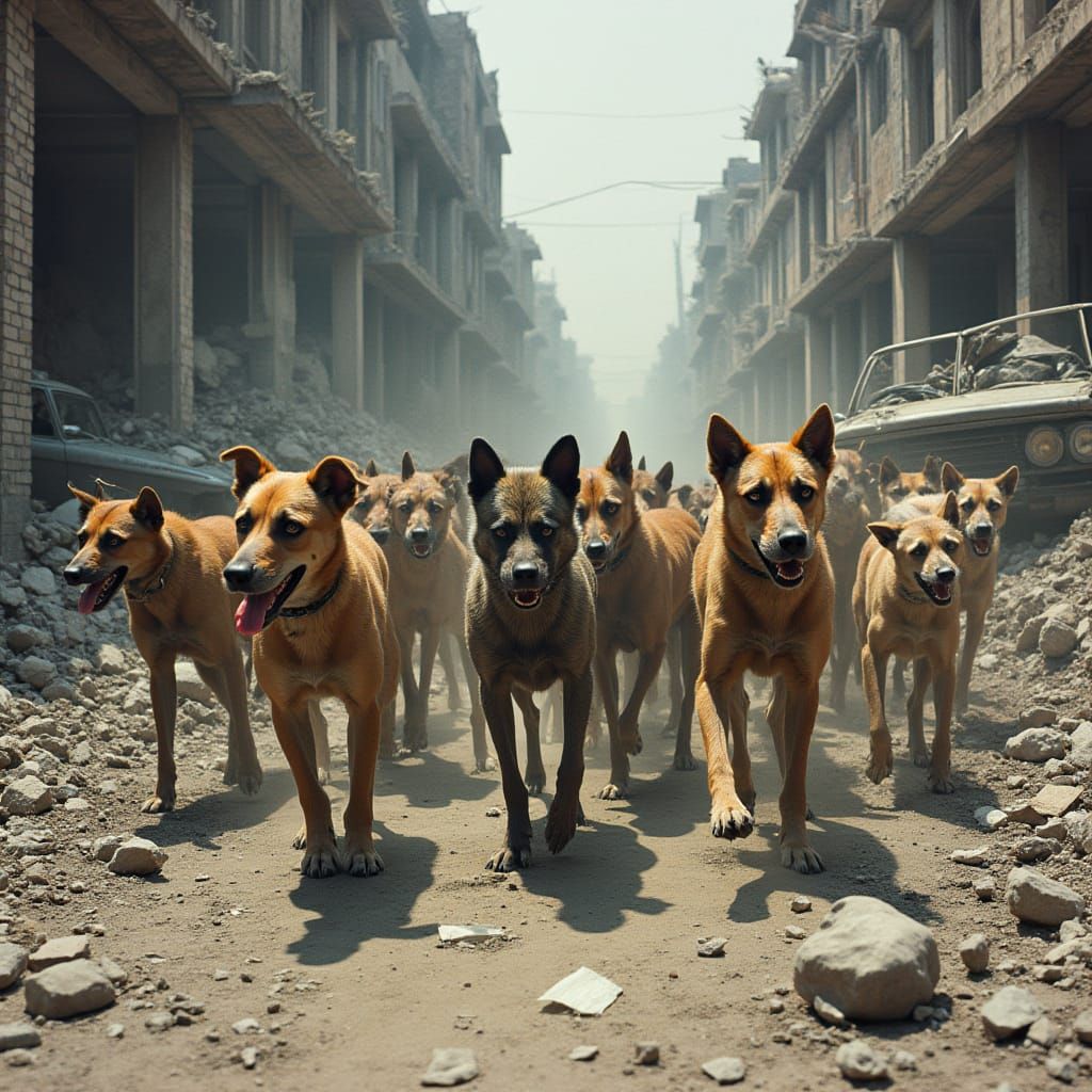 War-Torn Street Scene with Scavenging Dogs