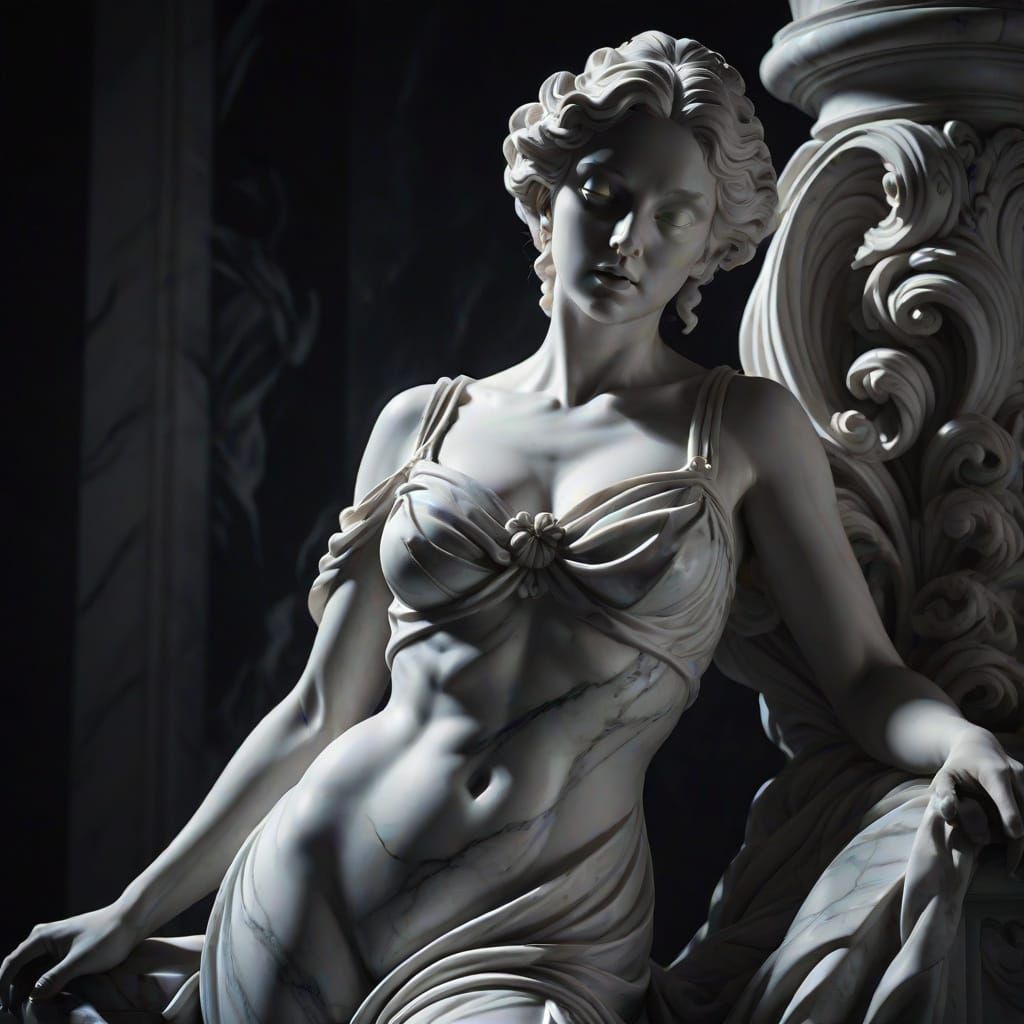 Elegant Baroque-Inspired Marble Sculpture in Dramatic Cinema...