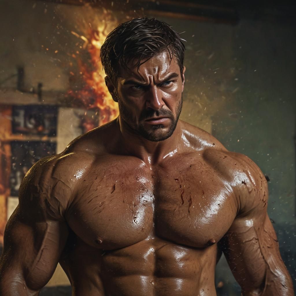 Muscular Man's Resentment: Hyper-Realistic Splash Art