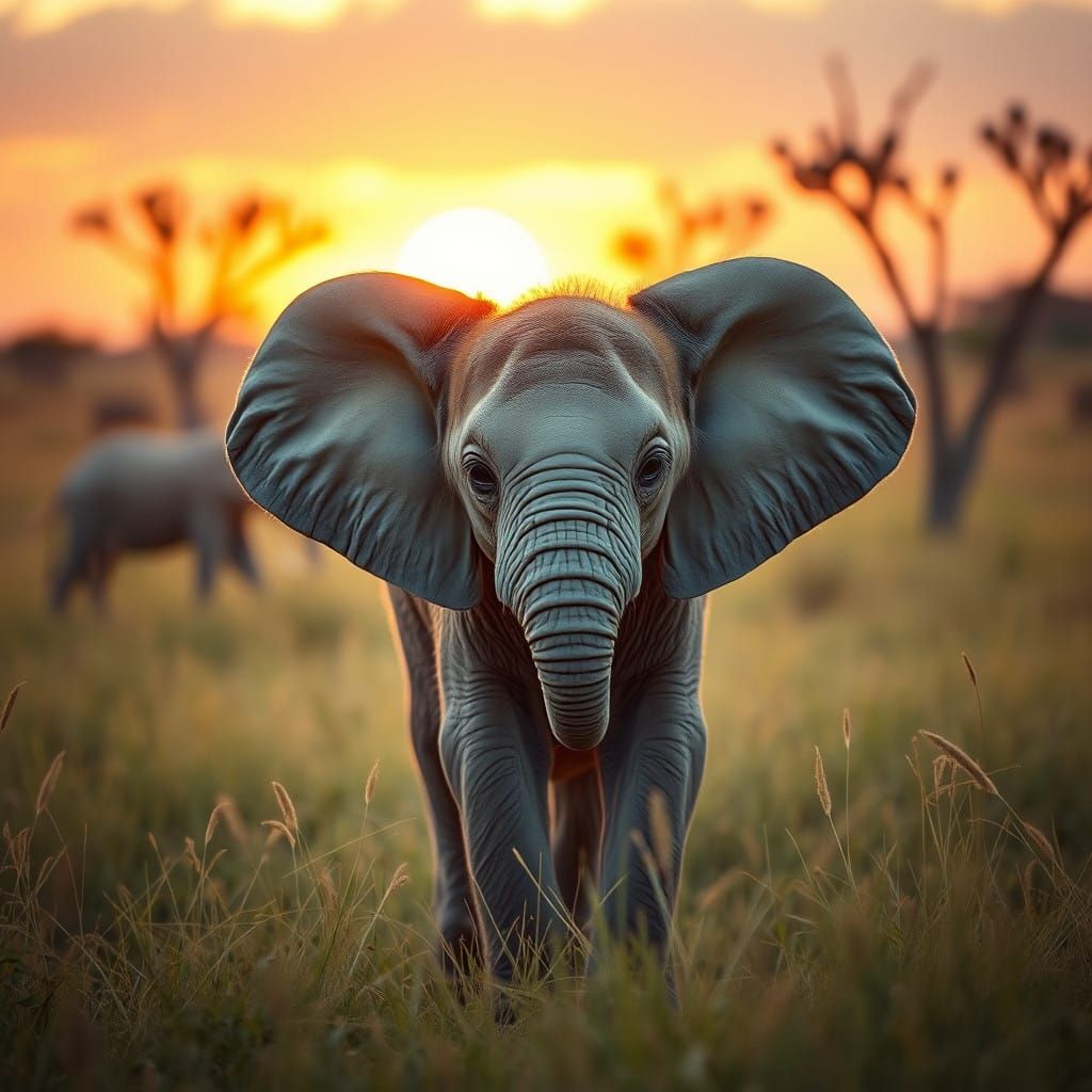 Surreal Elephant in Lush Savannah at Sunset