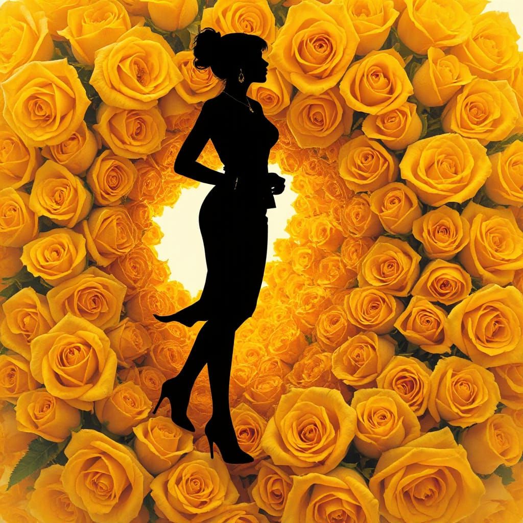 Woman Emerging from Yellow Roses: Alphonse Mucha Style