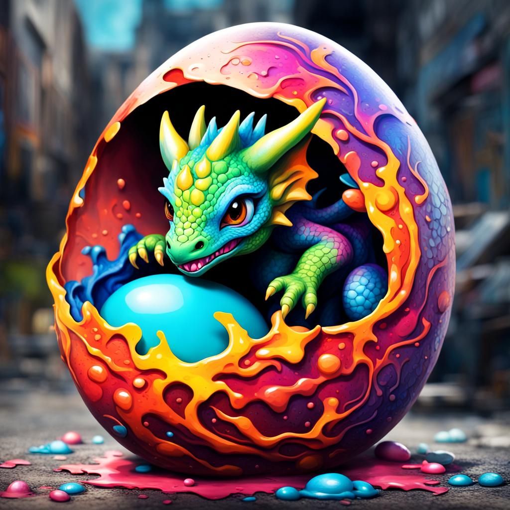 Cute Baby Dragon Hatching: Graffiti Art Style