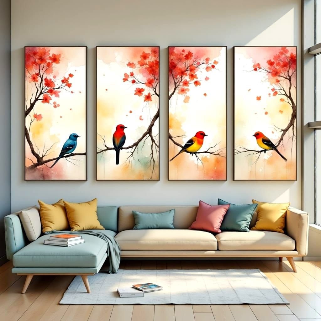 Four Panels of Colorful Birds in Vibrant Blooming Trees