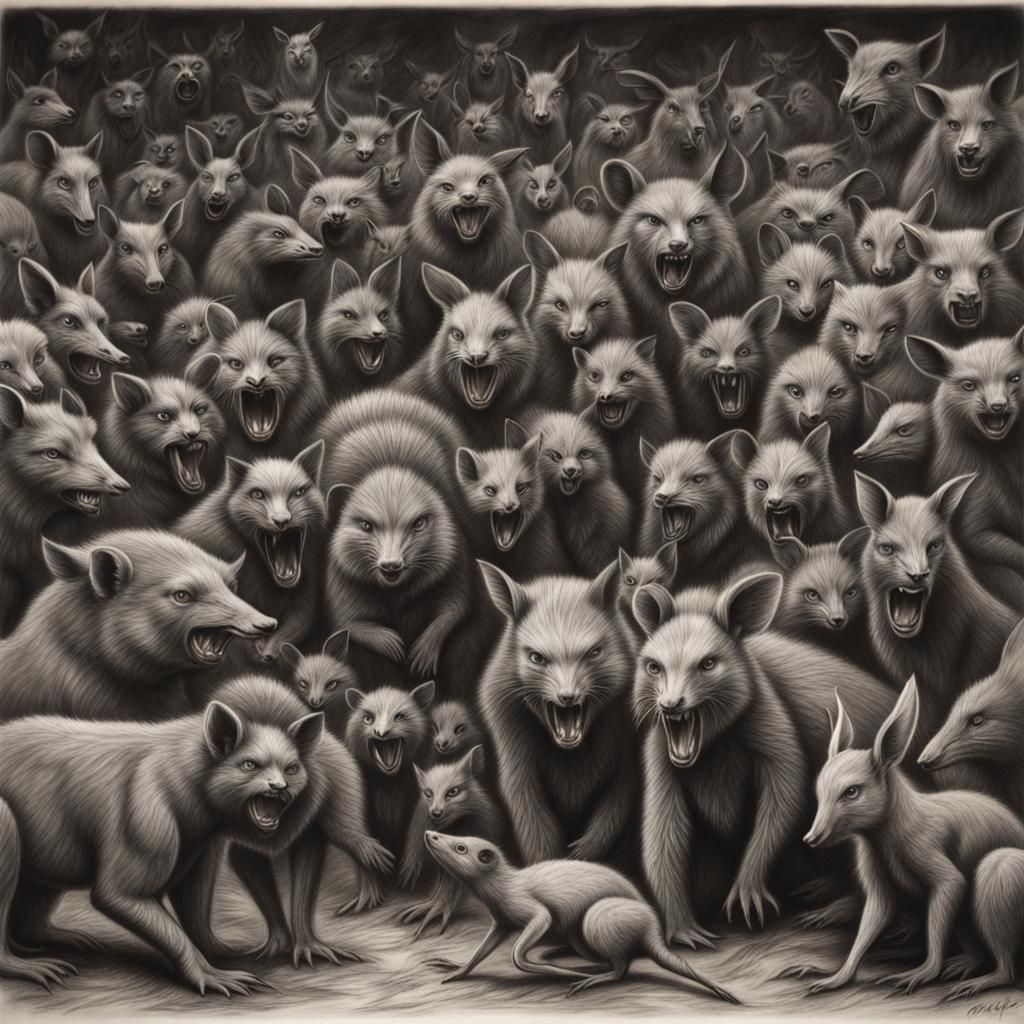 Angry Australian Animals: Hyperdetailed Charcoal Drawing