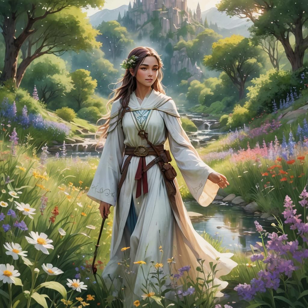 Anime Cleric in Fairy Meadow: Watercolor Style