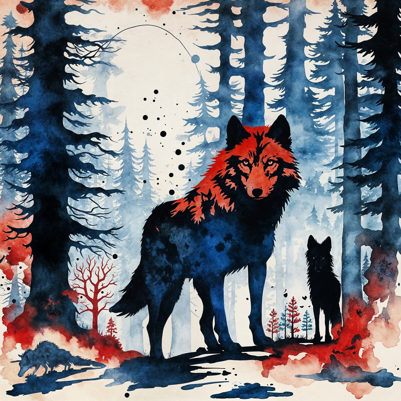 Wolf Family Silhouette in Steampunk Forest