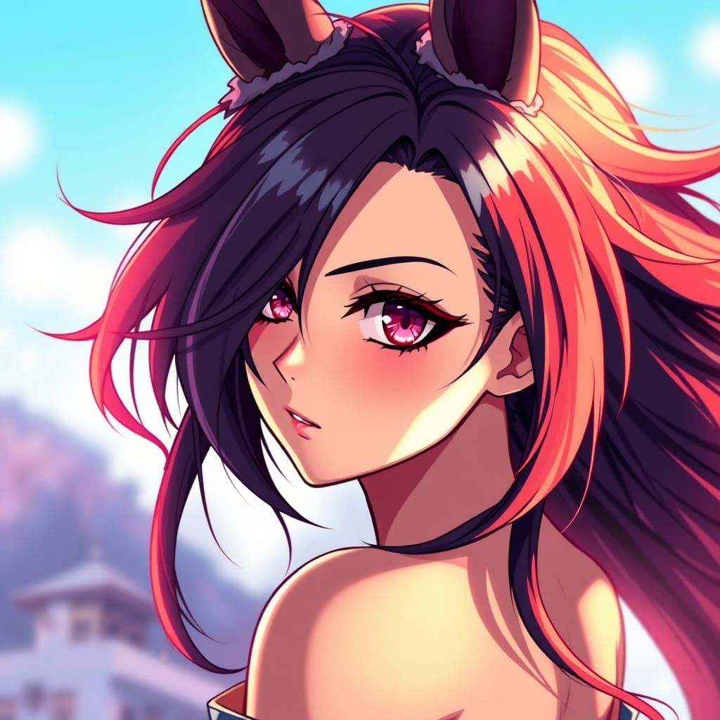 Anime-Inspired Goddess with Vibrant Hair and Dramatic Pose