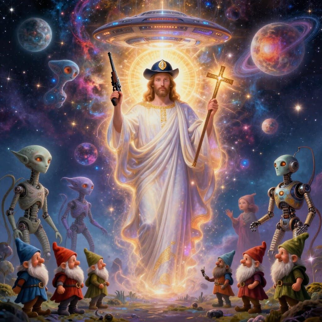Jesus Sheriff with Machine Gun and Cross in Cosmic Art