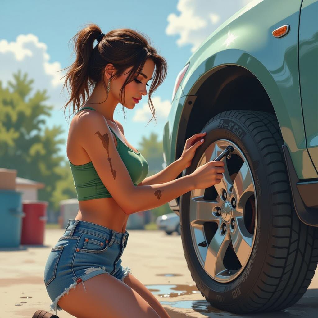 Woman Changing Tire in Photorealistic Style