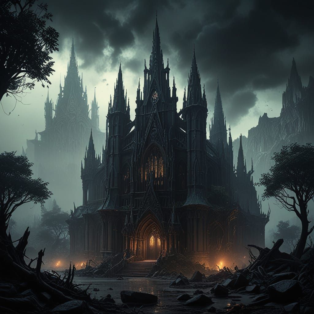 Gothic Cathedral Emerges from Dark Fantasy Forest