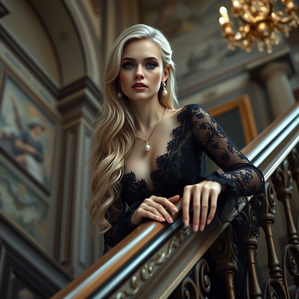 Elegant Blond Woman in Lace Dress, Matte Painting