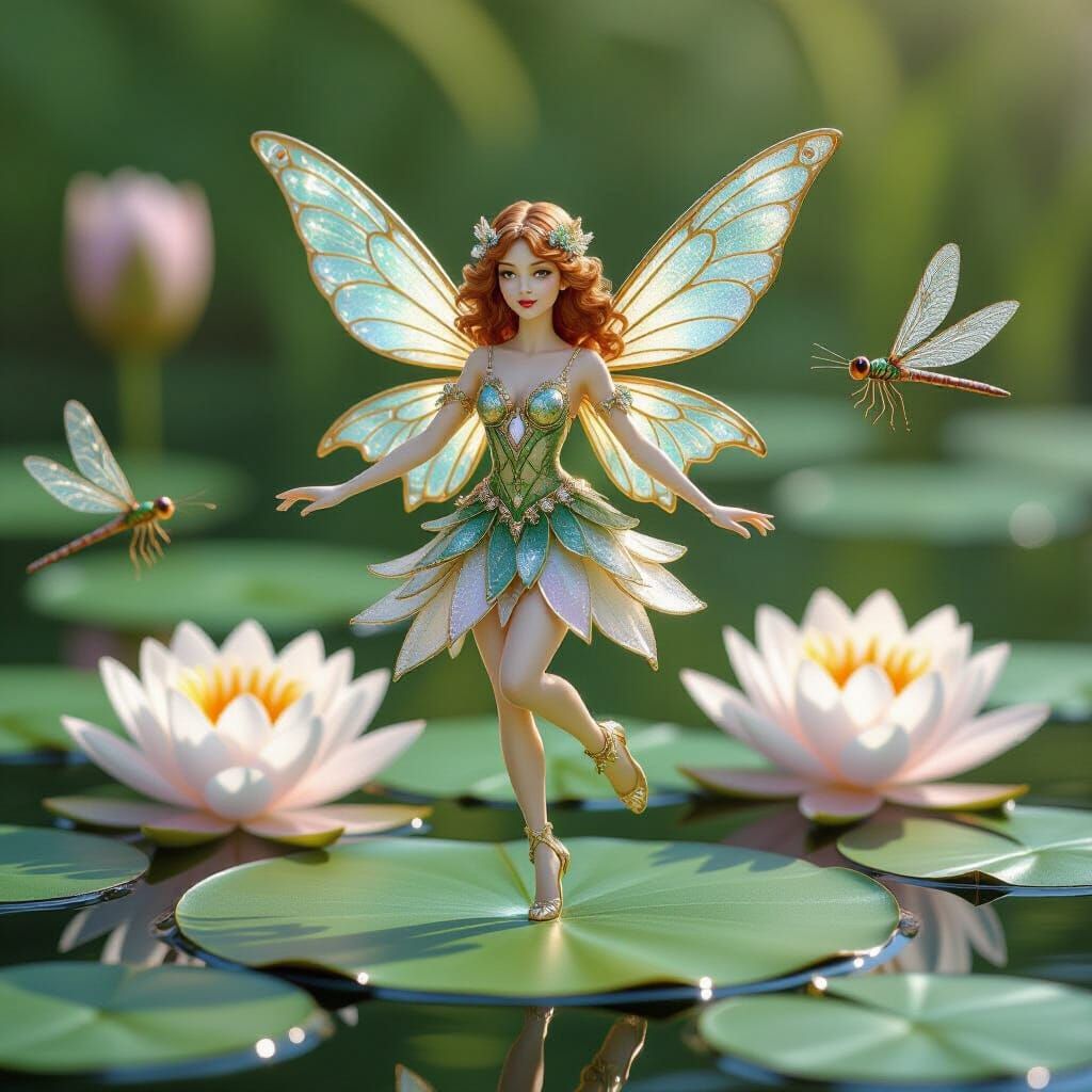 Golden Fairy Dances on Lily Pad in Art Nouveau Style