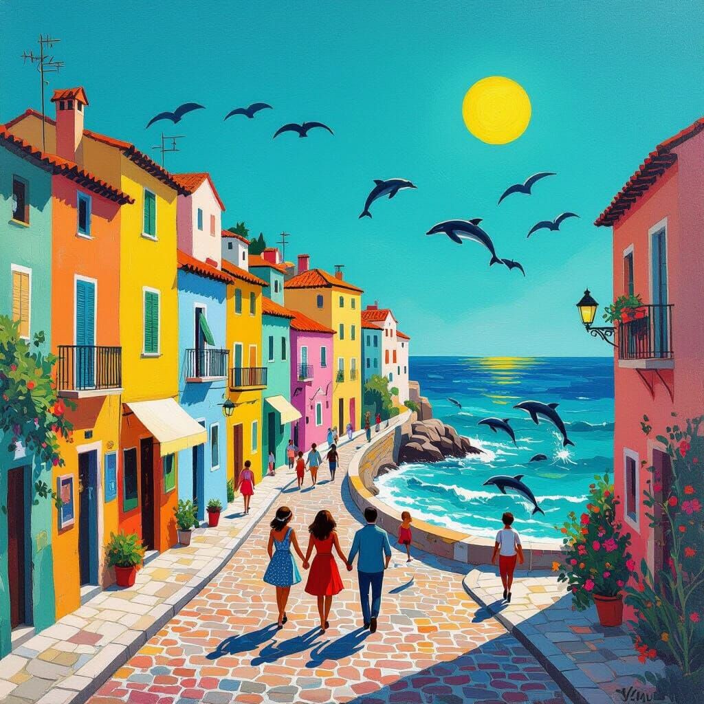 Coastal Town Street Scene in Naive Art Style