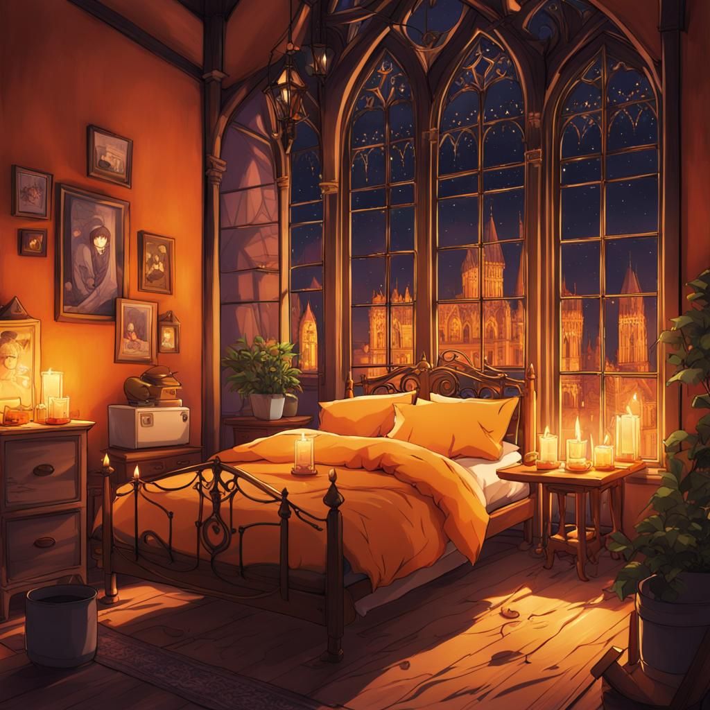 Cozy Orange Bedroom with Gothic View, in Anime Style