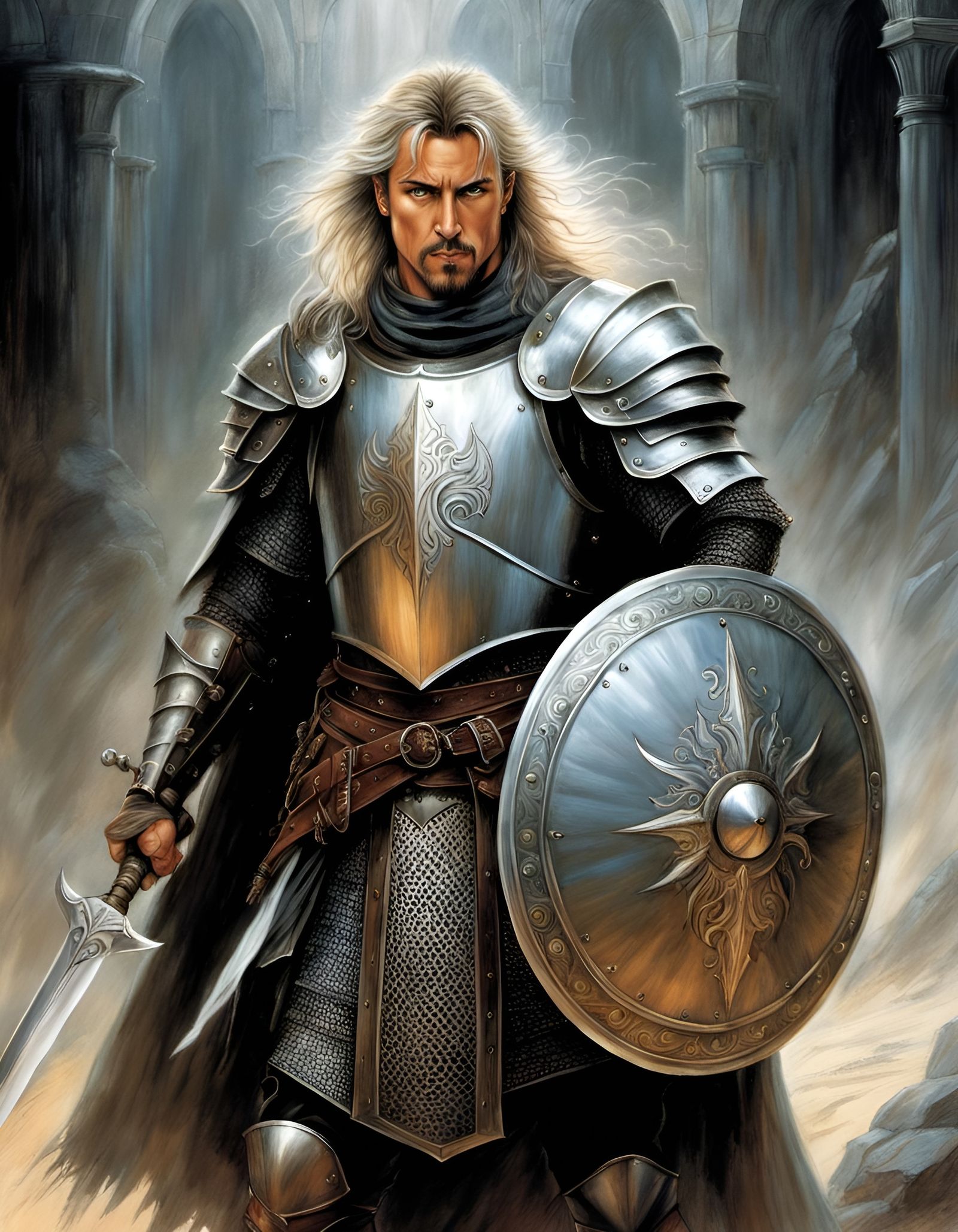 Shielded Warrior Battles Onward in Dark Fantasy Style