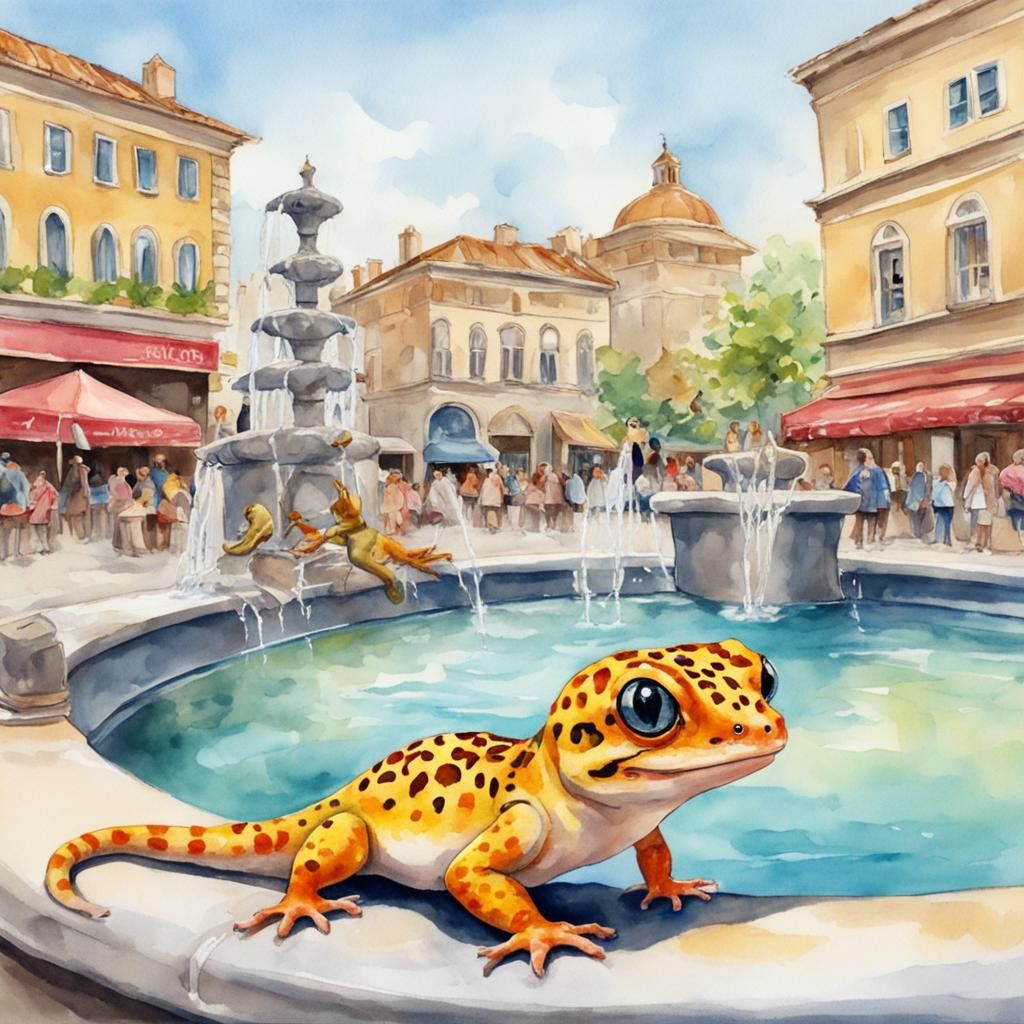 Cute Geckos at Roman Fountain: Watercolor Illustration