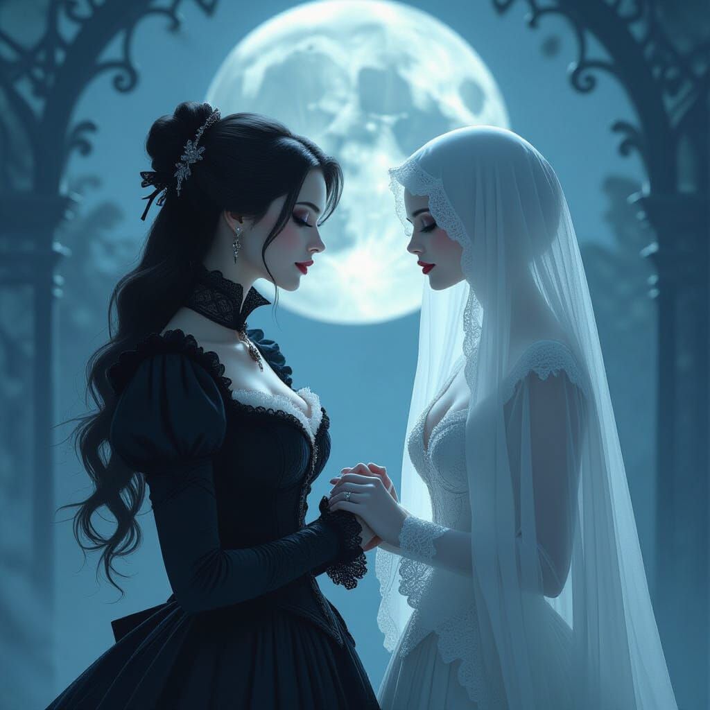 Ethereal Vampire and Ghost Embrace in Moonlit Scene