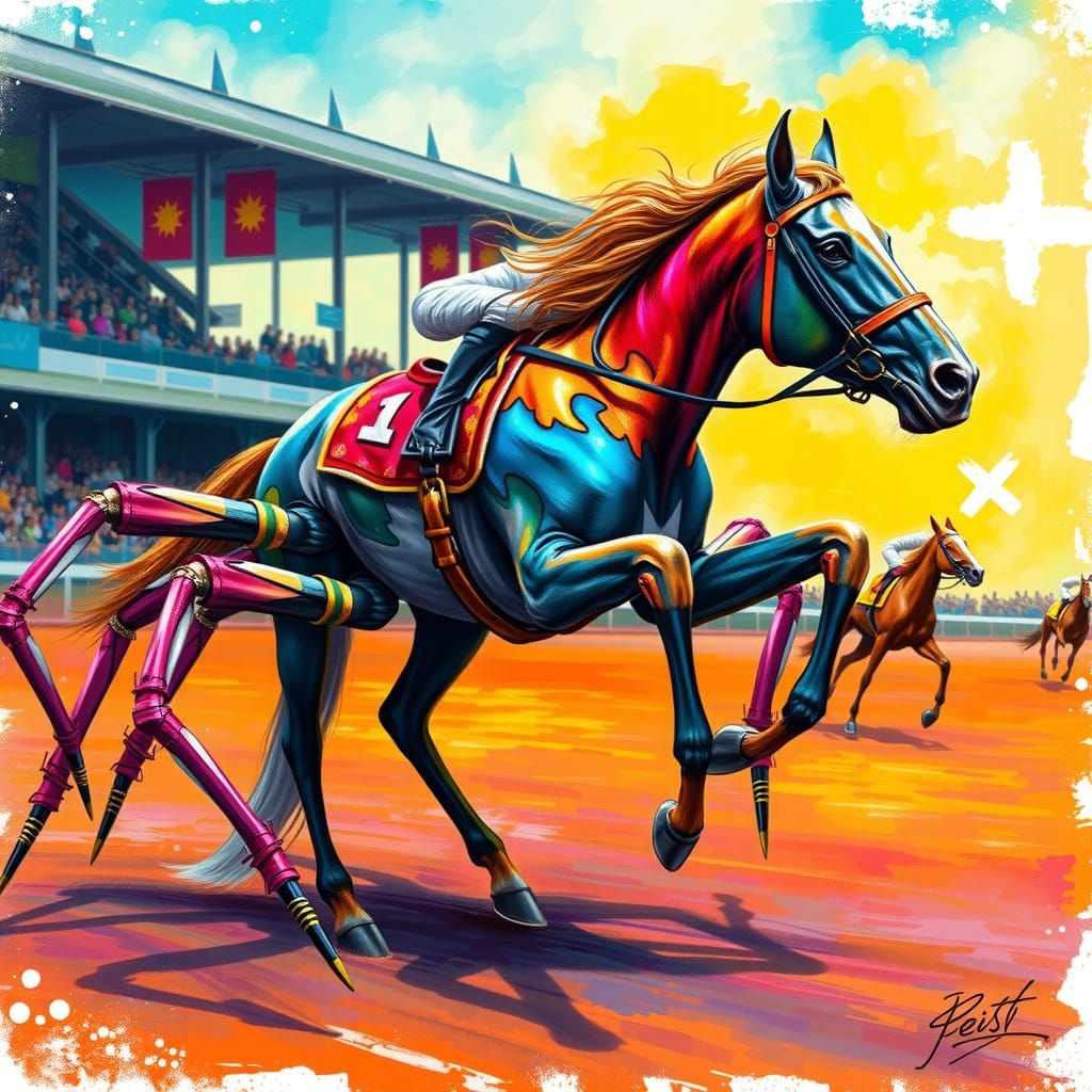 Horses Galloping on Vibrant Raccoon-Style Track with Intrica...