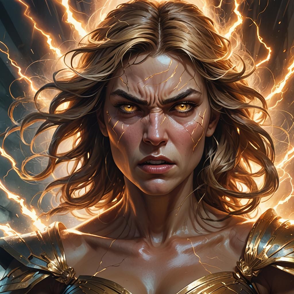 Angry Woman Unleashing Lightning in Art Nouveau Style