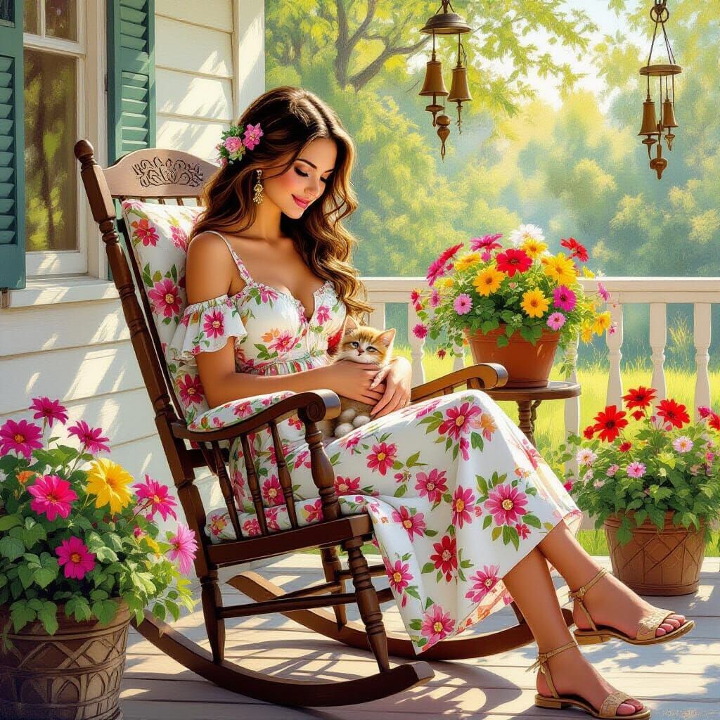 Woman with Kitten on Country Porch