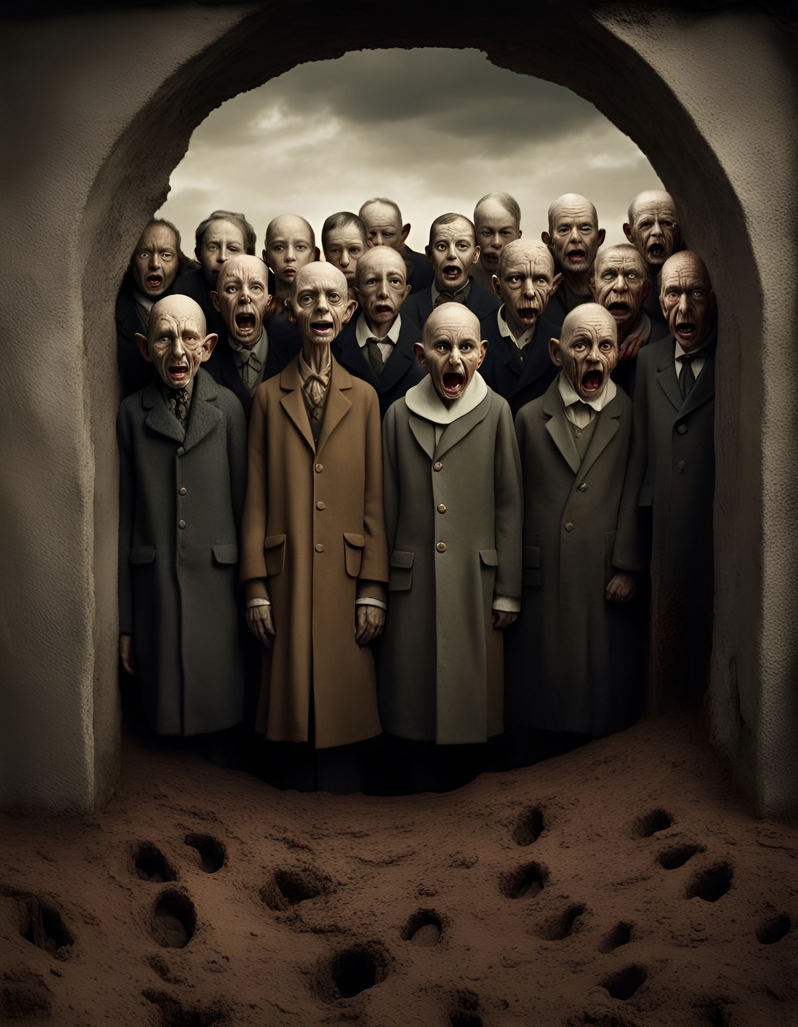 Deformed Figures Emerge in a Cinematic Horror Scene