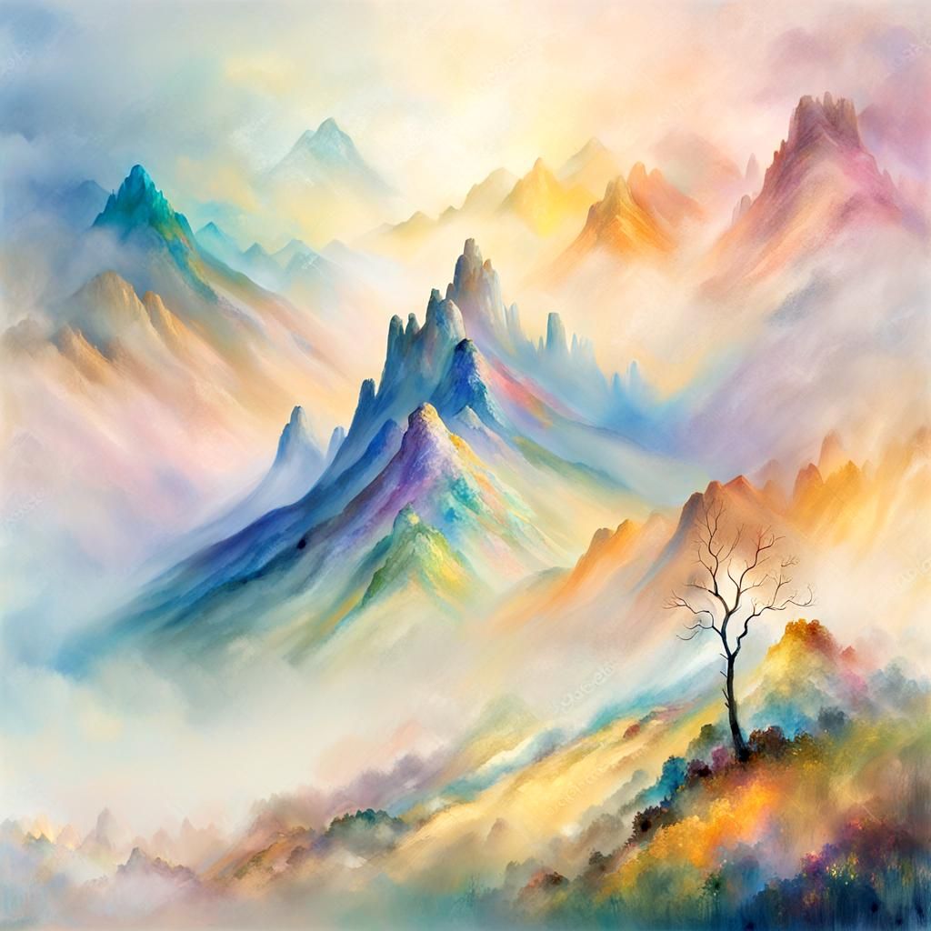 Mystical Mountain Range with Iridescent Colors