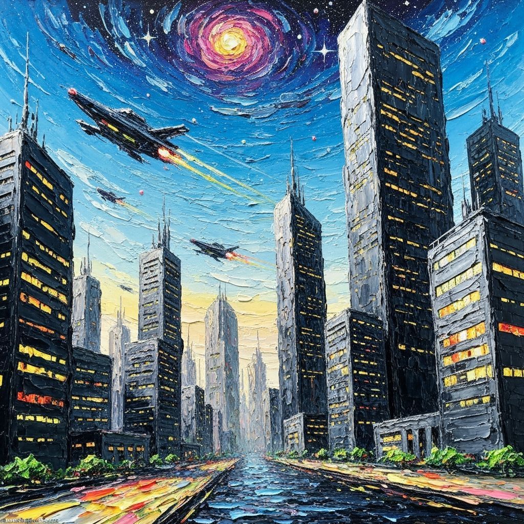 Cosmic Cityscape: Impasto Painting in Syd Mead Style