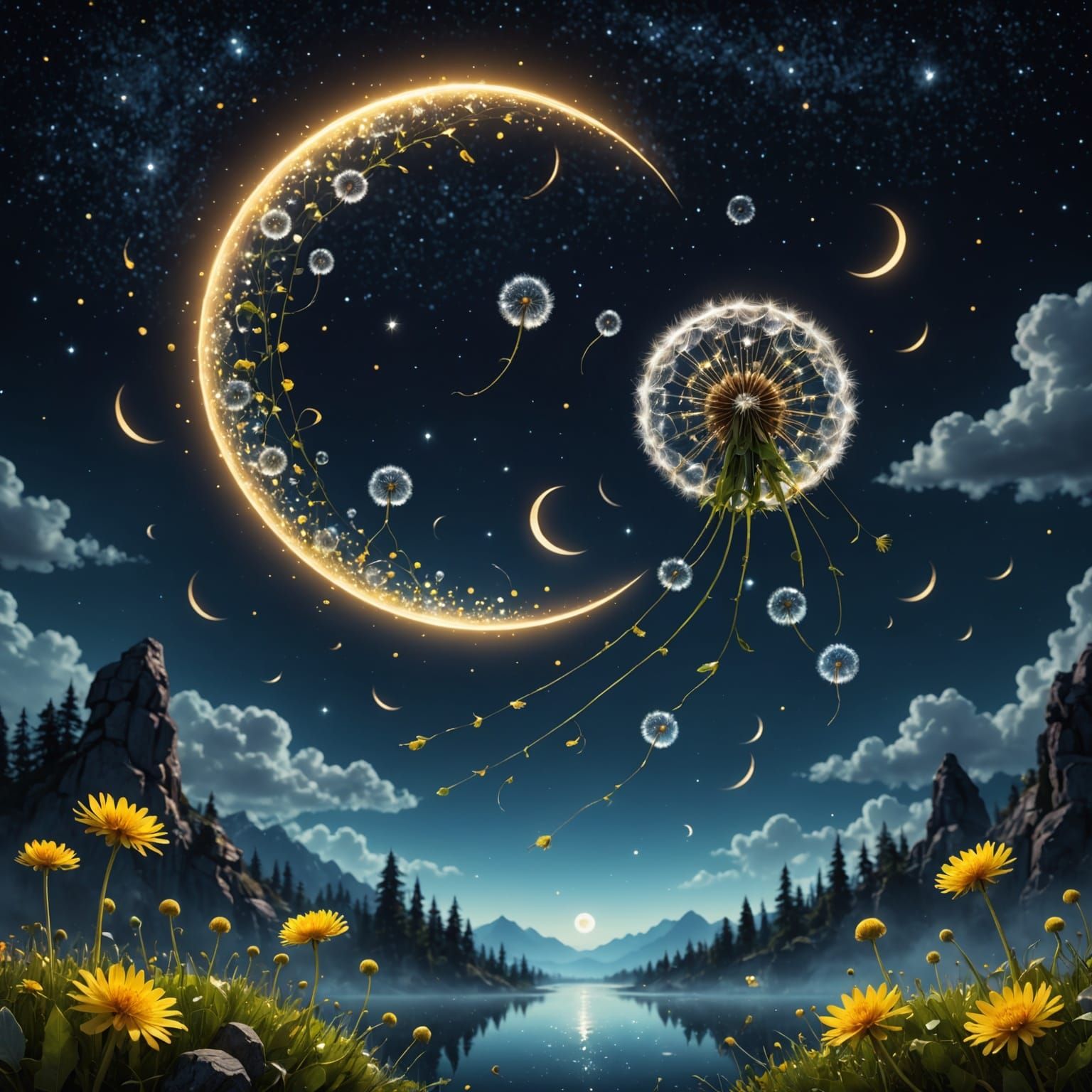 Dazzling Crescent Moonlit Dandelions in Whimsical Fantasy Ar...