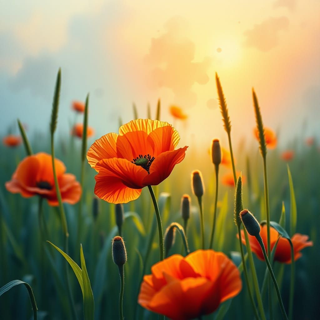 Poppy Flower in Grass: Abstract Watercolor Matte Painting