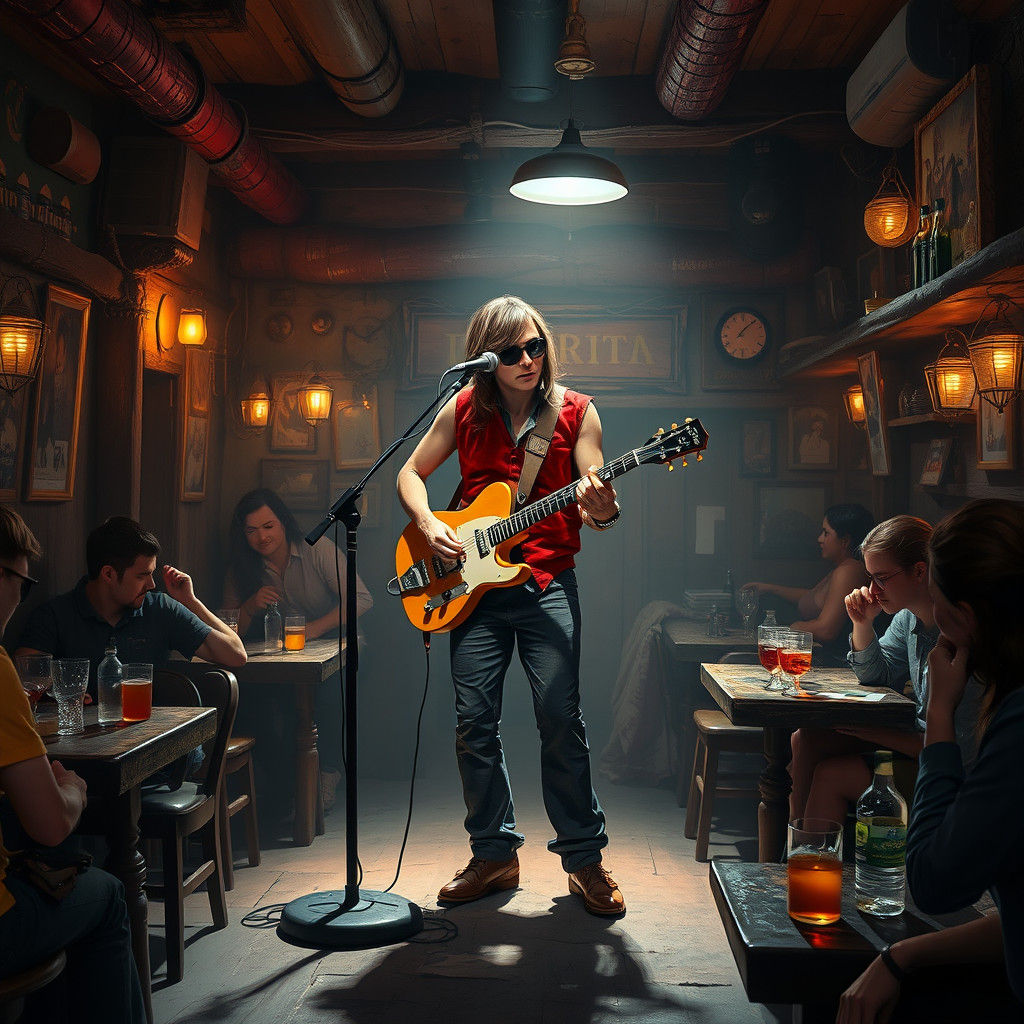Guitarist Performs in Dim Bar: Fantasy Concept Art