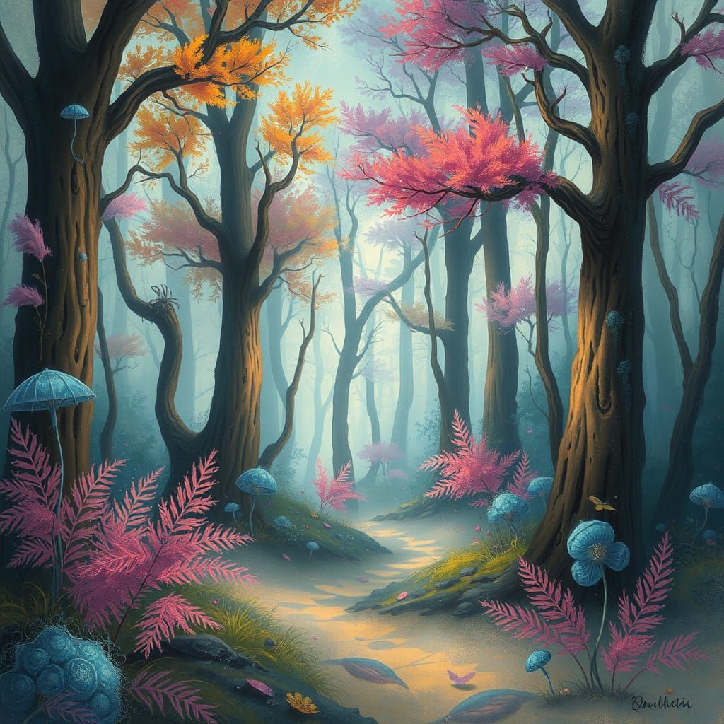 Mystical Forest Scene in Impressionist Fantasy Style