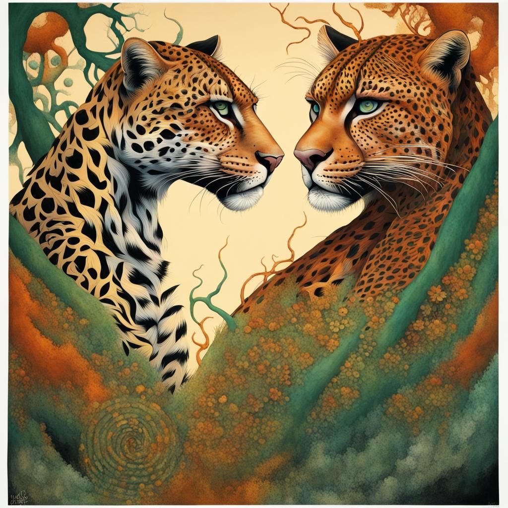 Jungle Girl and Leopard in Grunge Art Style