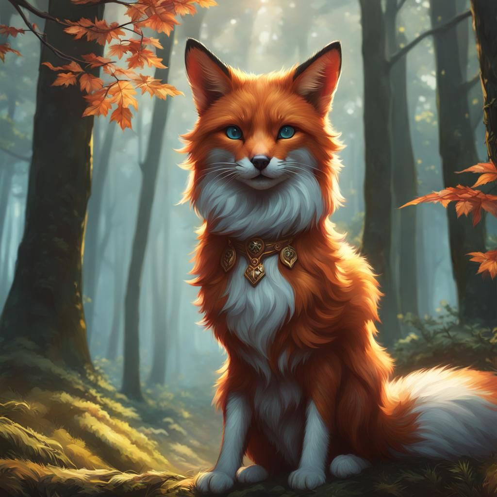 Cat-Fox Hybrid Portrait in Hyperdetailed Forest