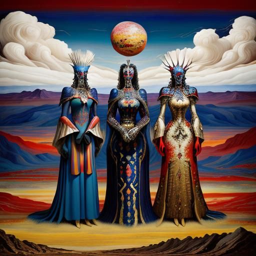 Cosmic Characters in Dreamscape Landscape as Oil Painting